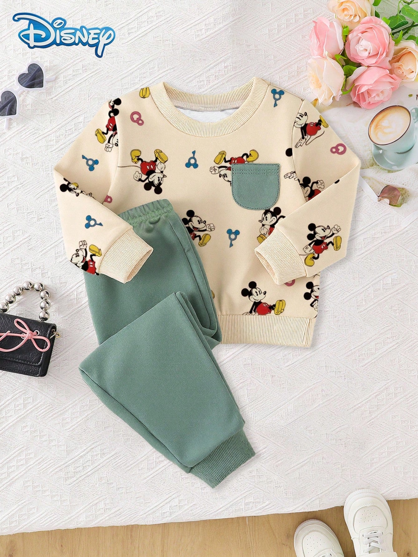 Disney 2Pcs Hot-Selling Baby Boy Autumn/Winter Mickey Mouse Set, Apricot Print Pocket Top And Olive Green Long Pants, Ribbed Cuffs, Elastic Waist, Newborn Outwear