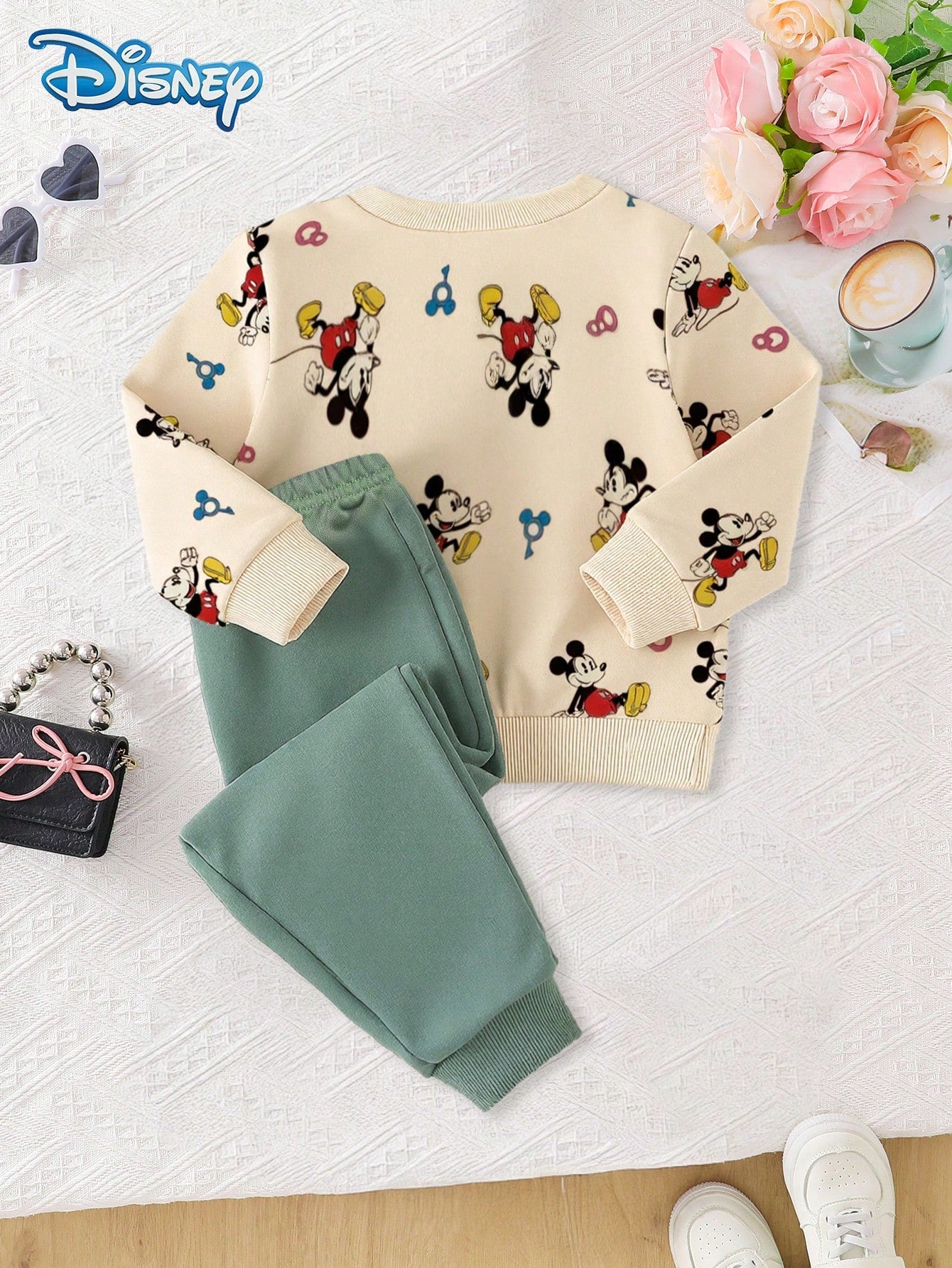Disney 2Pcs Hot-Selling Baby Boy Autumn/Winter Mickey Mouse Set, Apricot Print Pocket Top And Olive Green Long Pants, Ribbed Cuffs, Elastic Waist, Newborn Outwear