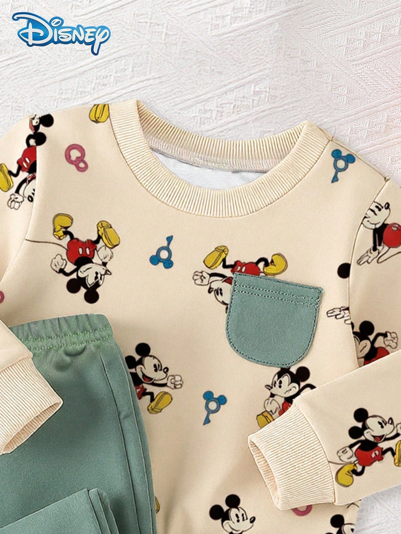 Disney 2Pcs Hot-Selling Baby Boy Autumn/Winter Mickey Mouse Set, Apricot Print Pocket Top And Olive Green Long Pants, Ribbed Cuffs, Elastic Waist, Newborn Outwear