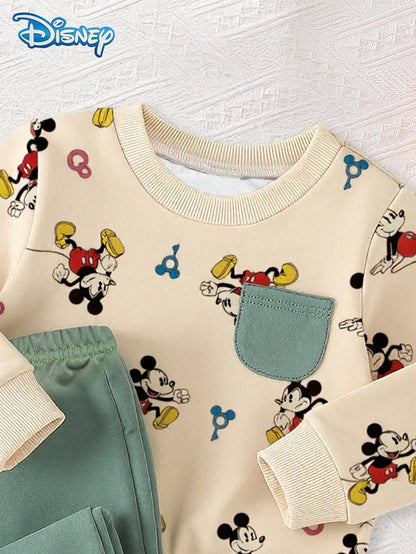 Disney 2Pcs Hot-Selling Baby Boy Autumn/Winter Mickey Mouse Set, Apricot Print Pocket Top And Olive Green Long Pants, Ribbed Cuffs, Elastic Waist, Newborn Outwear