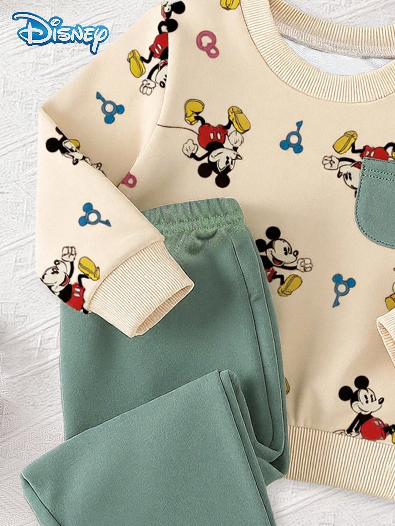 Disney 2Pcs Hot-Selling Baby Boy Autumn/Winter Mickey Mouse Set, Apricot Print Pocket Top And Olive Green Long Pants, Ribbed Cuffs, Elastic Waist, Newborn Outwear