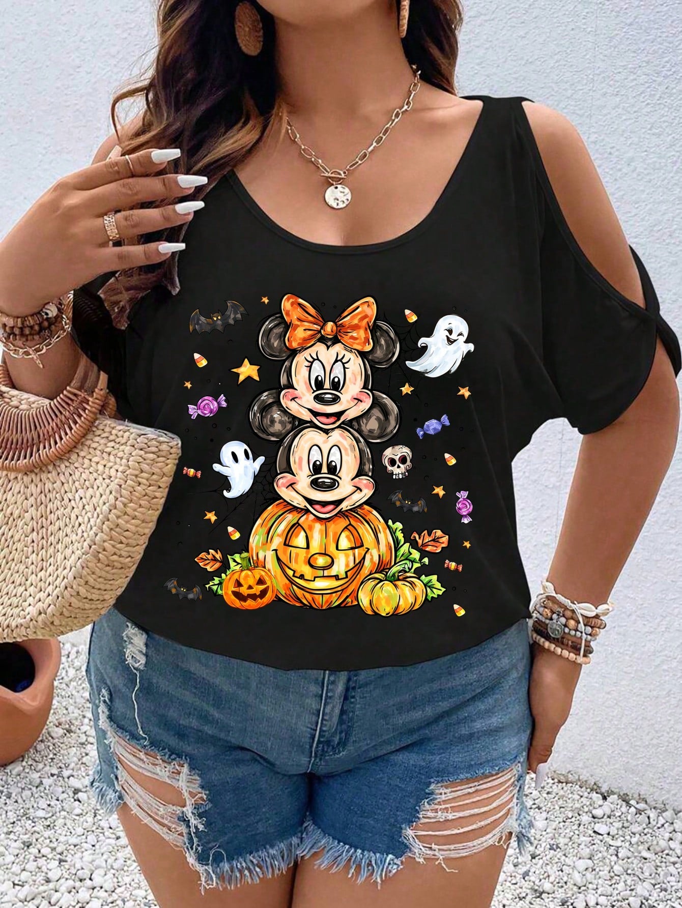 Disney Cold Shoulder T Shirt Black Mickey Minnie Mouse Pumpkin Ghost Halloween Party Top