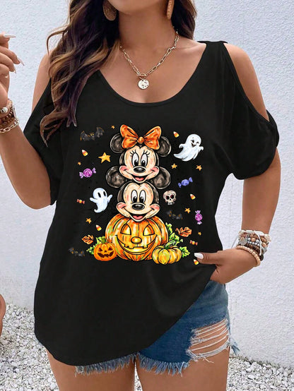 Disney Cold Shoulder T Shirt Black Mickey Minnie Mouse Pumpkin Ghost Halloween Party Top