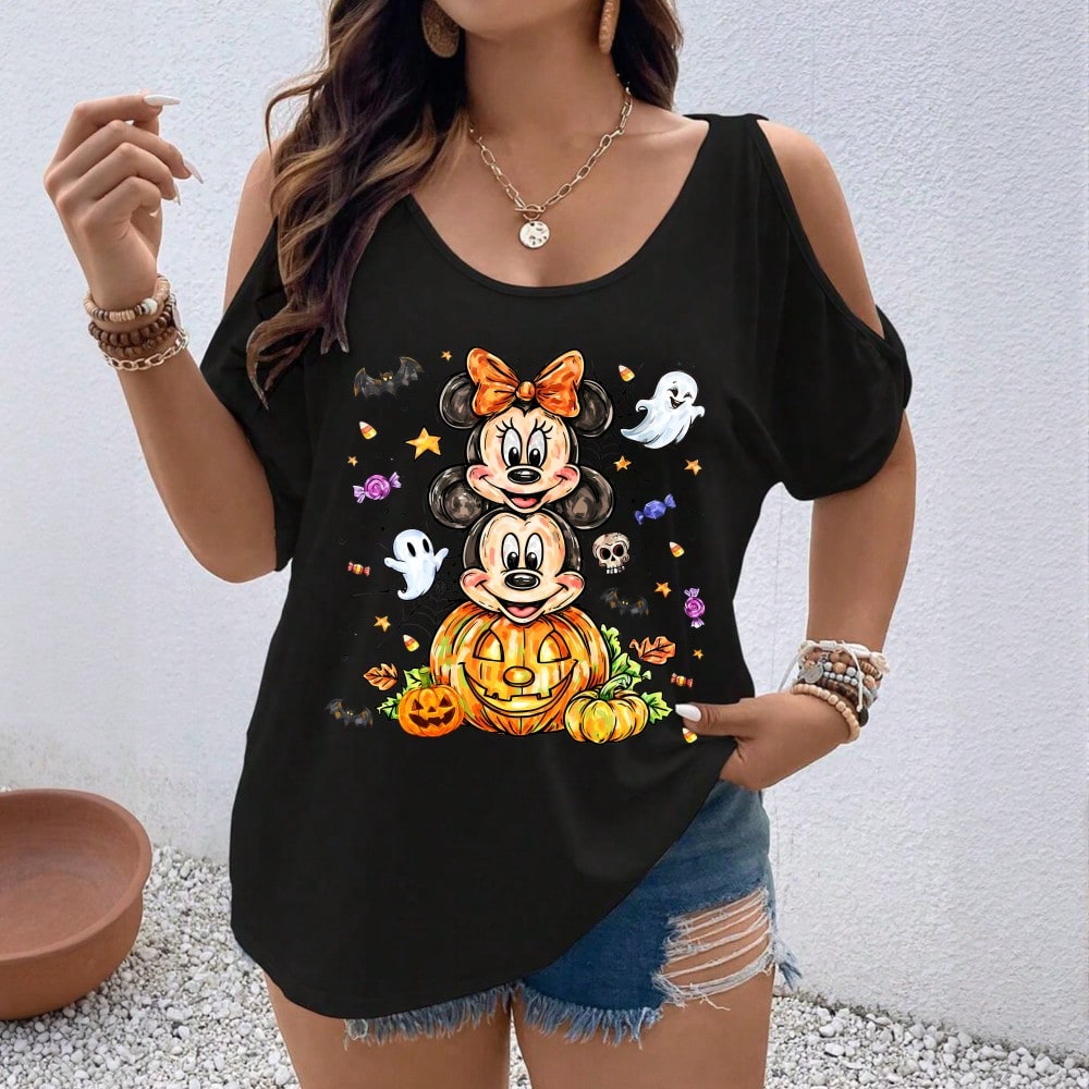 Disney Cold Shoulder T Shirt Black Mickey Minnie Mouse Pumpkin Ghost Halloween Party Top