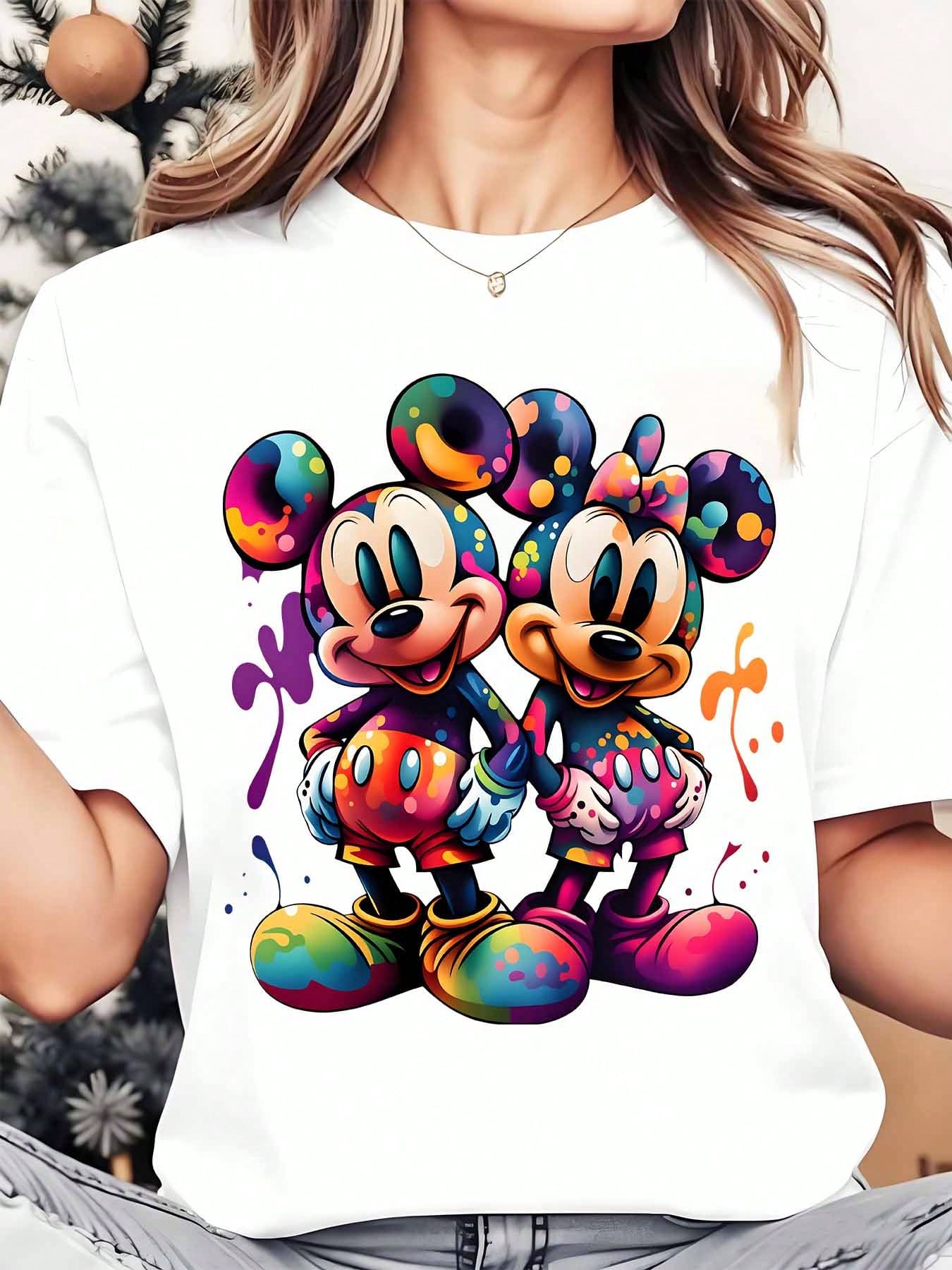 Disney Mickey And Minnie Mouse Colorful Art Women's Round Neck Shirt Summer Tops Comfortable O-Neck T Shirt Fashion Casual Women Clothes