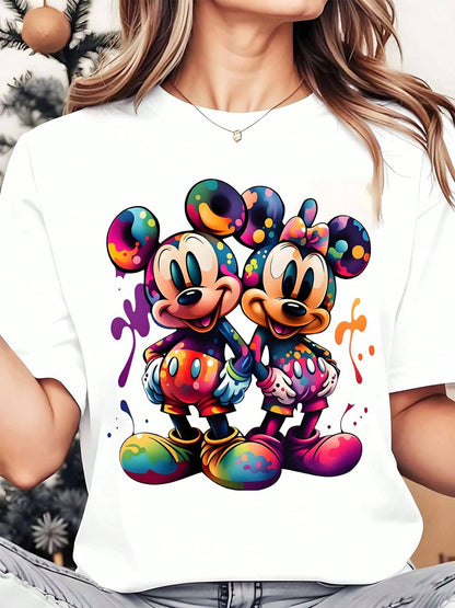 Disney Mickey And Minnie Mouse Colorful Art Women's Round Neck Shirt Summer Tops Comfortable O-Neck T Shirt Fashion Casual Women Clothes