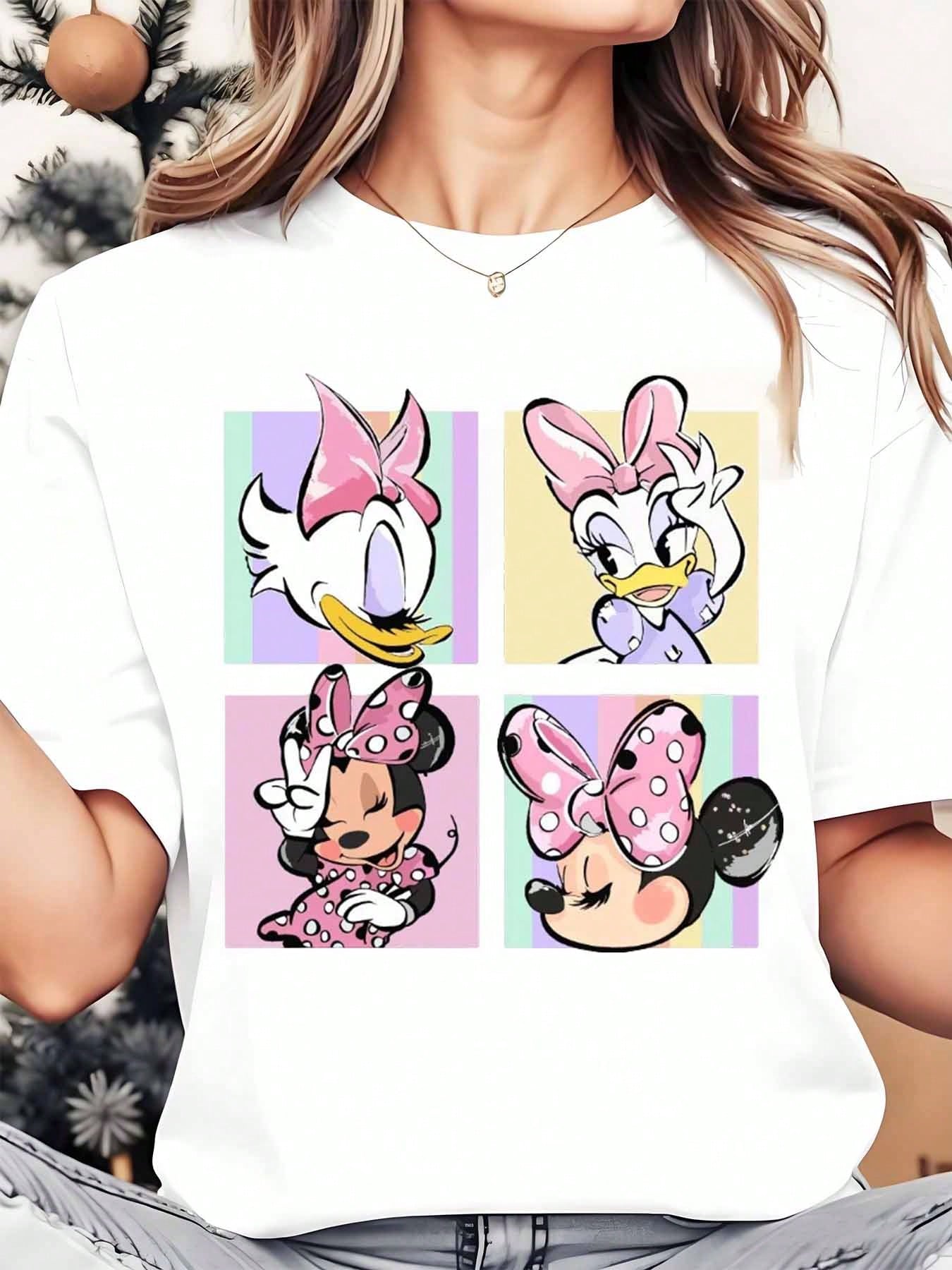Disney Minnie Mouse And Daisy Duck Cartoon Characters, Women's Round Neck Shirt, Summer Tops Comfortable O-Neck T Shirt Fashion Casual Women Clothes