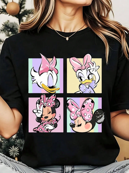 Disney Minnie Mouse And Daisy Duck Cartoon Characters, Women's Round Neck Shirt, Summer Tops Comfortable O-Neck T Shirt Fashion Casual Women Clothes