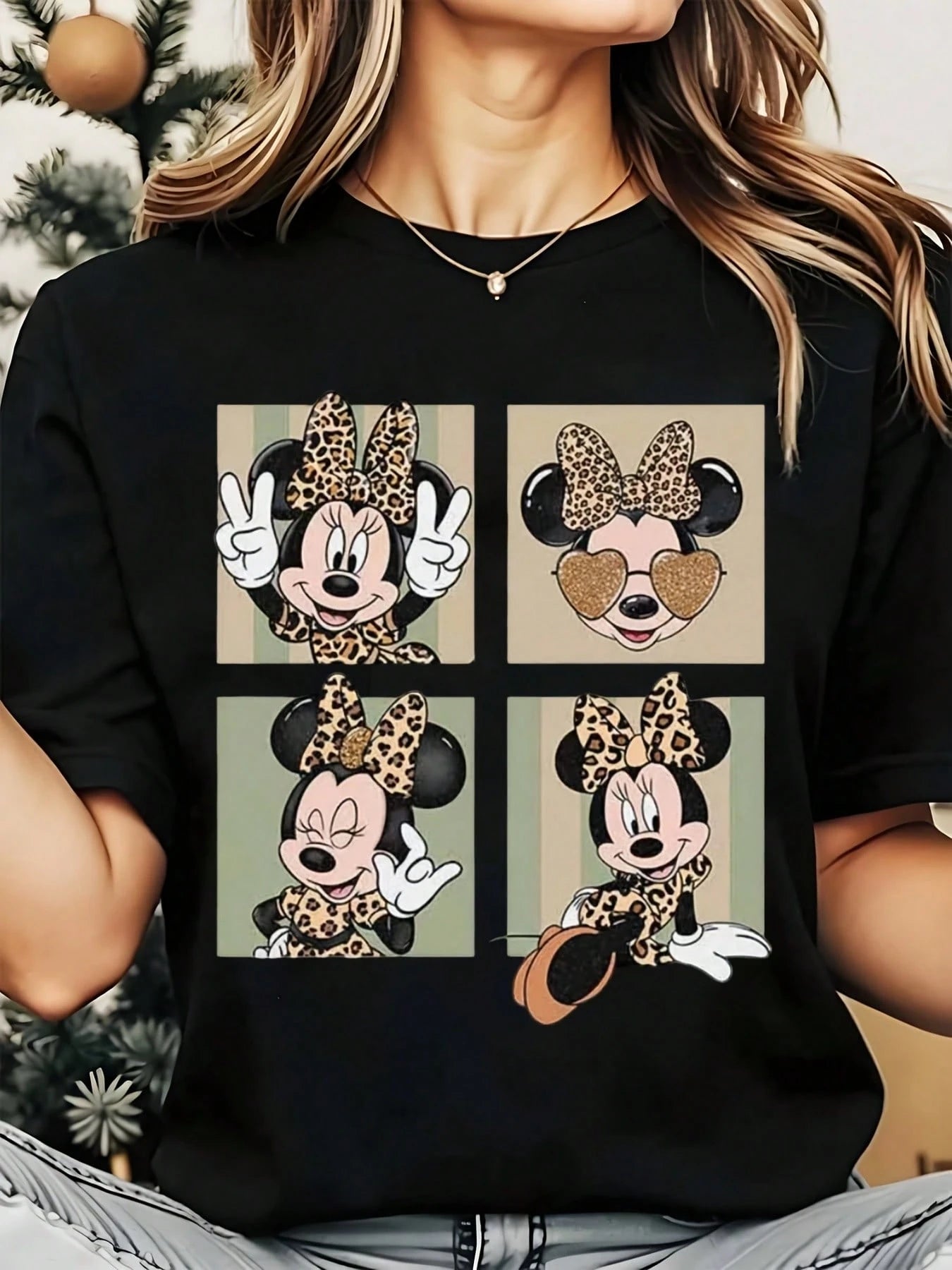 Disney Minnie Mouse Leopard Print Cartoon Character Women's Round Neck Shirt, Summer Tops Comfortable O-Neck T Shirt Fashion Casual Women Clothes