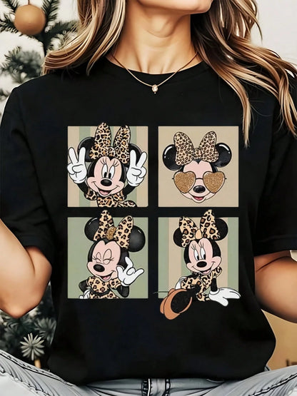 Disney Minnie Mouse Leopard Print Cartoon Character Women's Round Neck Shirt, Summer Tops Comfortable O-Neck T Shirt Fashion Casual Women Clothes