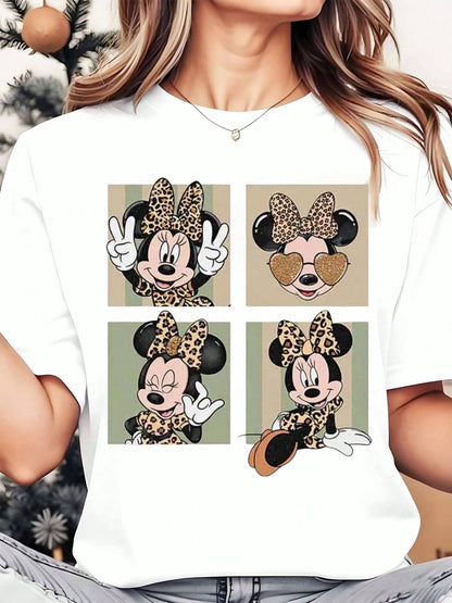 Disney Minnie Mouse Leopard Print Cartoon Character Women's Round Neck Shirt, Summer Tops Comfortable O-Neck T Shirt Fashion Casual Women Clothes