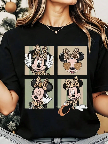 Disney Minnie Mouse Leopard Print Cartoon Character Women's Round Neck Shirt, Summer Tops Comfortable O-Neck T Shirt Fashion Casual Women Clothes