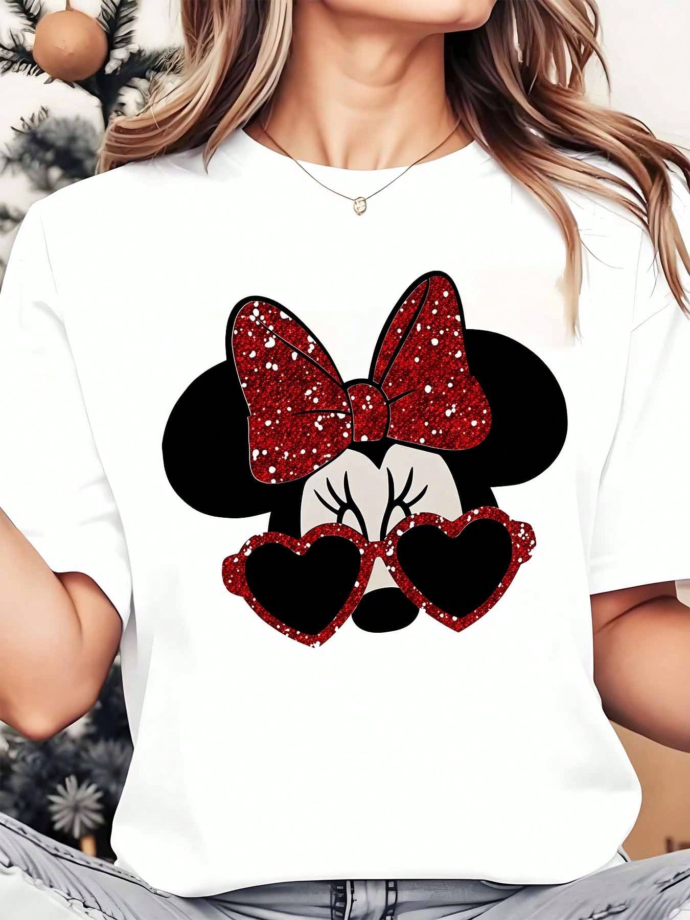 Disney Minnie Mouse Red Glitter Bow And Heart Sunglasses Women's Round Neck Shirt Summer Tops Comfortable O-Neck T Shirt Fashion Casual Women Clothes
