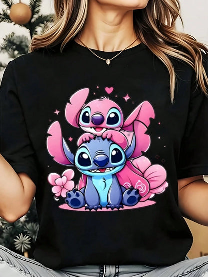 Disney Stitch And Angel Pink Cute Characters Women's Round Neck Shirt Summer Tops Comfortable O-Neck T Shirt Fashion Casual Women Clothes
