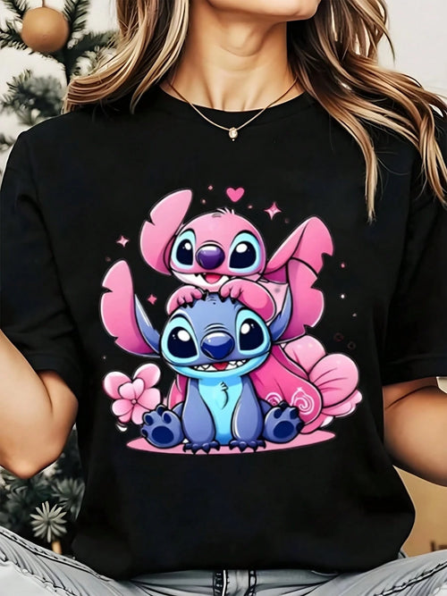 Disney Stitch And Angel Pink Cute Characters Women's Round Neck Shirt Summer Tops Comfortable O-Neck T Shirt Fashion Casual Women Clothes