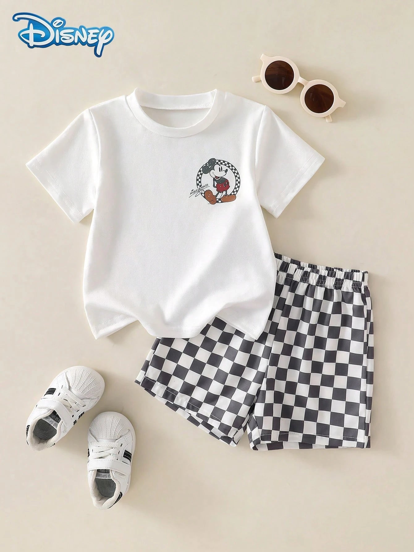 Disney Summer Baby Boy Mickey Classic Standing Pose 1928 Print Cute Short Sleeve White T-Shirt Grey And White Color Block Plaid All-Over Print Shorts Set Cartoon Pattern Slight Stretch Suitable For In