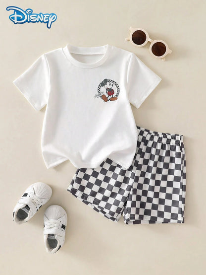 Disney Summer Baby Boy Mickey Classic Standing Pose 1928 Print Cute Short Sleeve White T-Shirt Grey And White Color Block Plaid All-Over Print Shorts Set Cartoon Pattern Slight Stretch Suitable For In