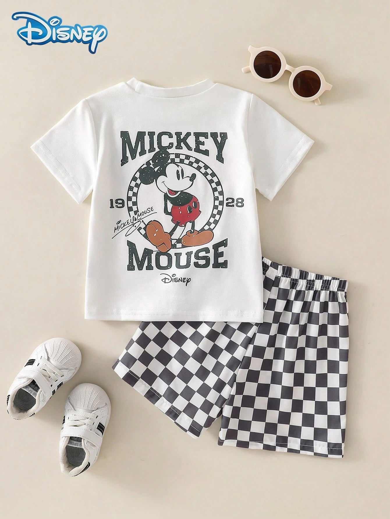 Disney Summer Baby Boy Mickey Classic Standing Pose 1928 Print Cute Short Sleeve White T-Shirt Grey And White Color Block Plaid All-Over Print Shorts Set Cartoon Pattern Slight Stretch Suitable For In