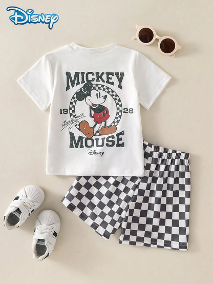 Disney Summer Baby Boy Mickey Classic Standing Pose 1928 Print Cute Short Sleeve White T-Shirt Grey And White Color Block Plaid All-Over Print Shorts Set Cartoon Pattern Slight Stretch Suitable For In