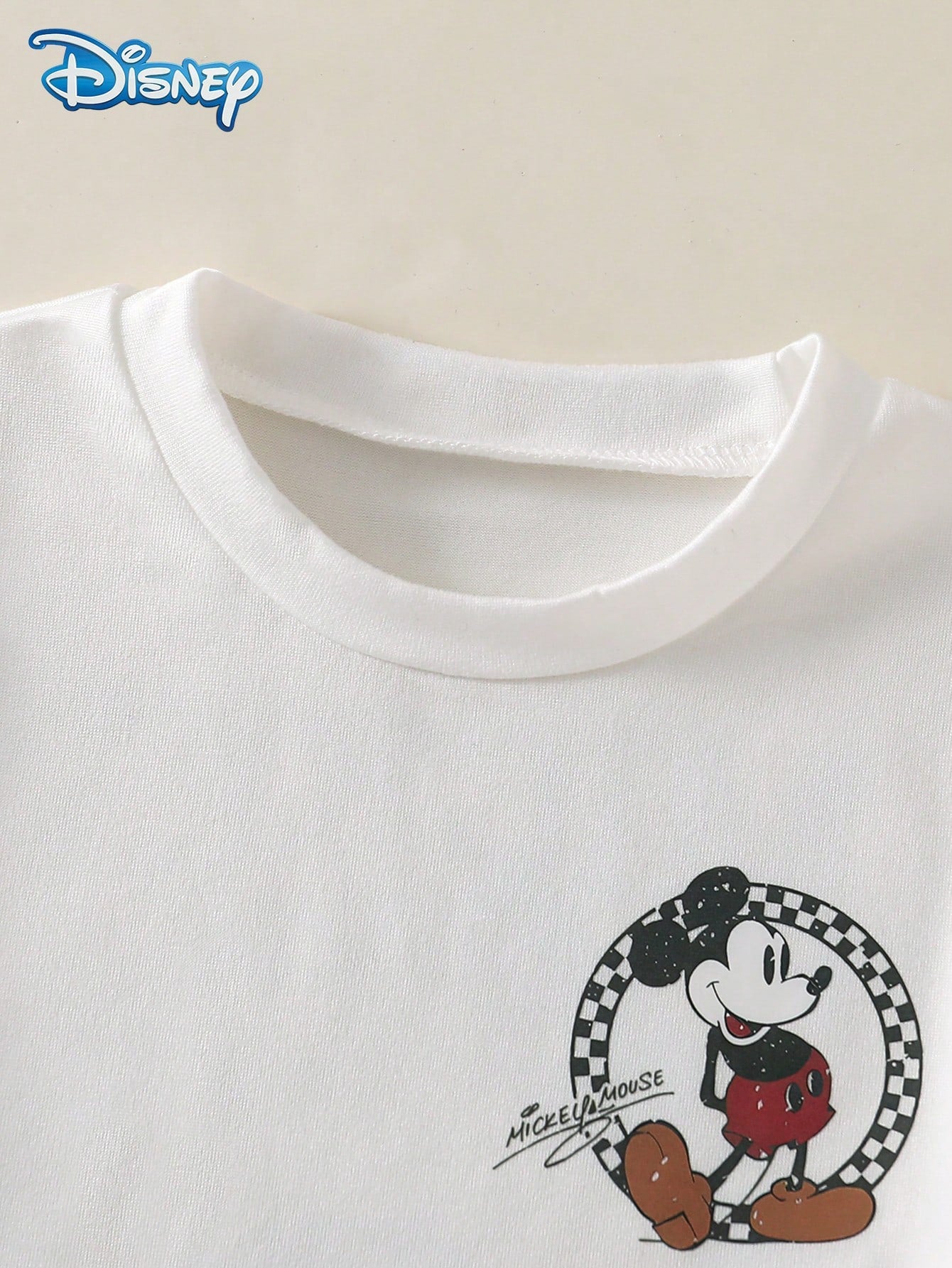 Disney Summer Baby Boy Mickey Classic Standing Pose 1928 Print Cute Short Sleeve White T-Shirt Grey And White Color Block Plaid All-Over Print Shorts Set Cartoon Pattern Slight Stretch Suitable For In