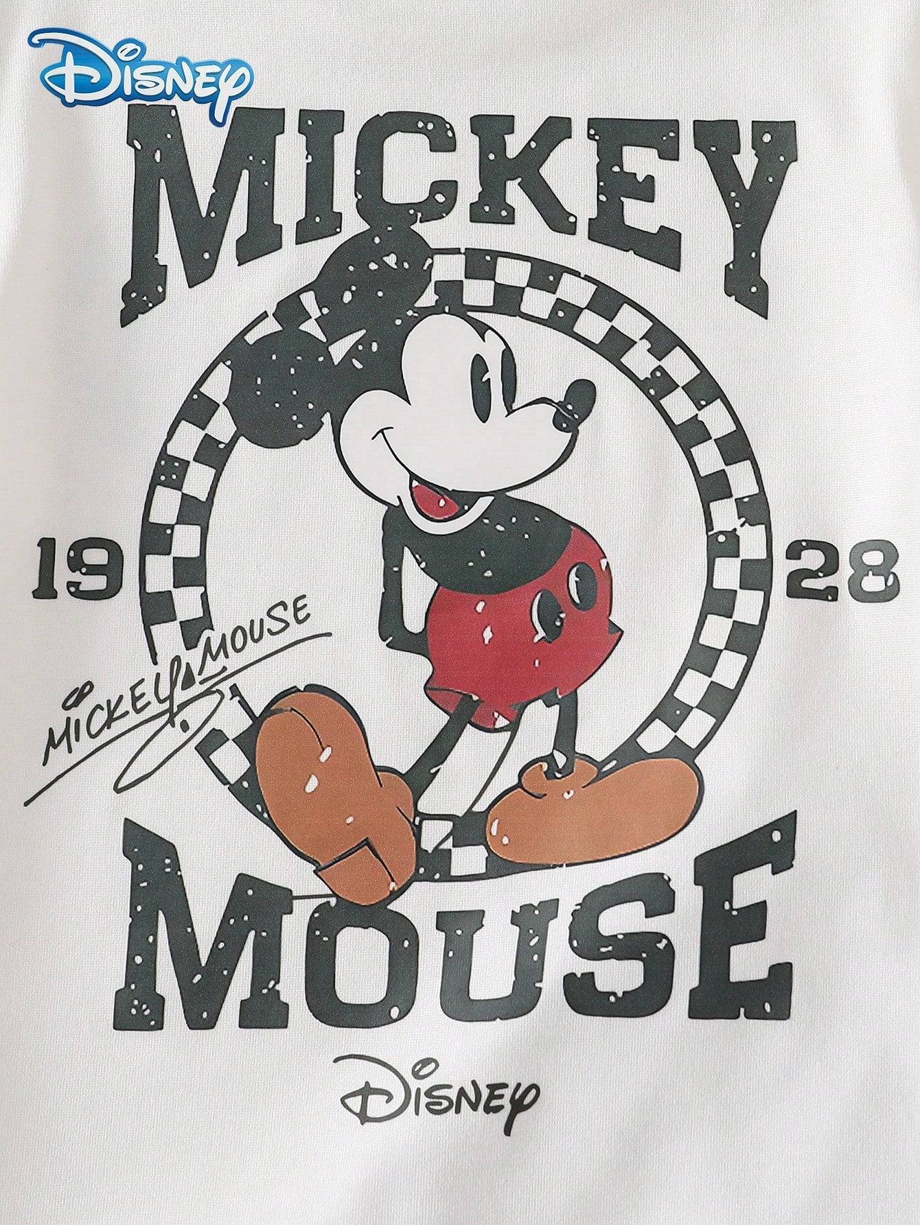 Disney Summer Baby Boy Mickey Classic Standing Pose 1928 Print Cute Short Sleeve White T-Shirt Grey And White Color Block Plaid All-Over Print Shorts Set Cartoon Pattern Slight Stretch Suitable For In