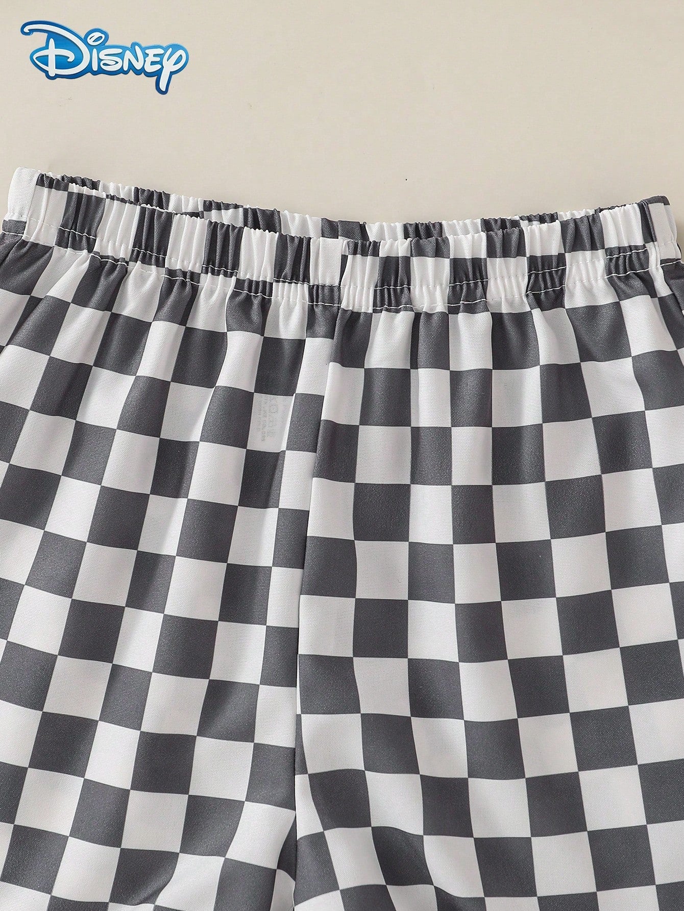 Disney Summer Baby Boy Mickey Classic Standing Pose 1928 Print Cute Short Sleeve White T-Shirt Grey And White Color Block Plaid All-Over Print Shorts Set Cartoon Pattern Slight Stretch Suitable For In