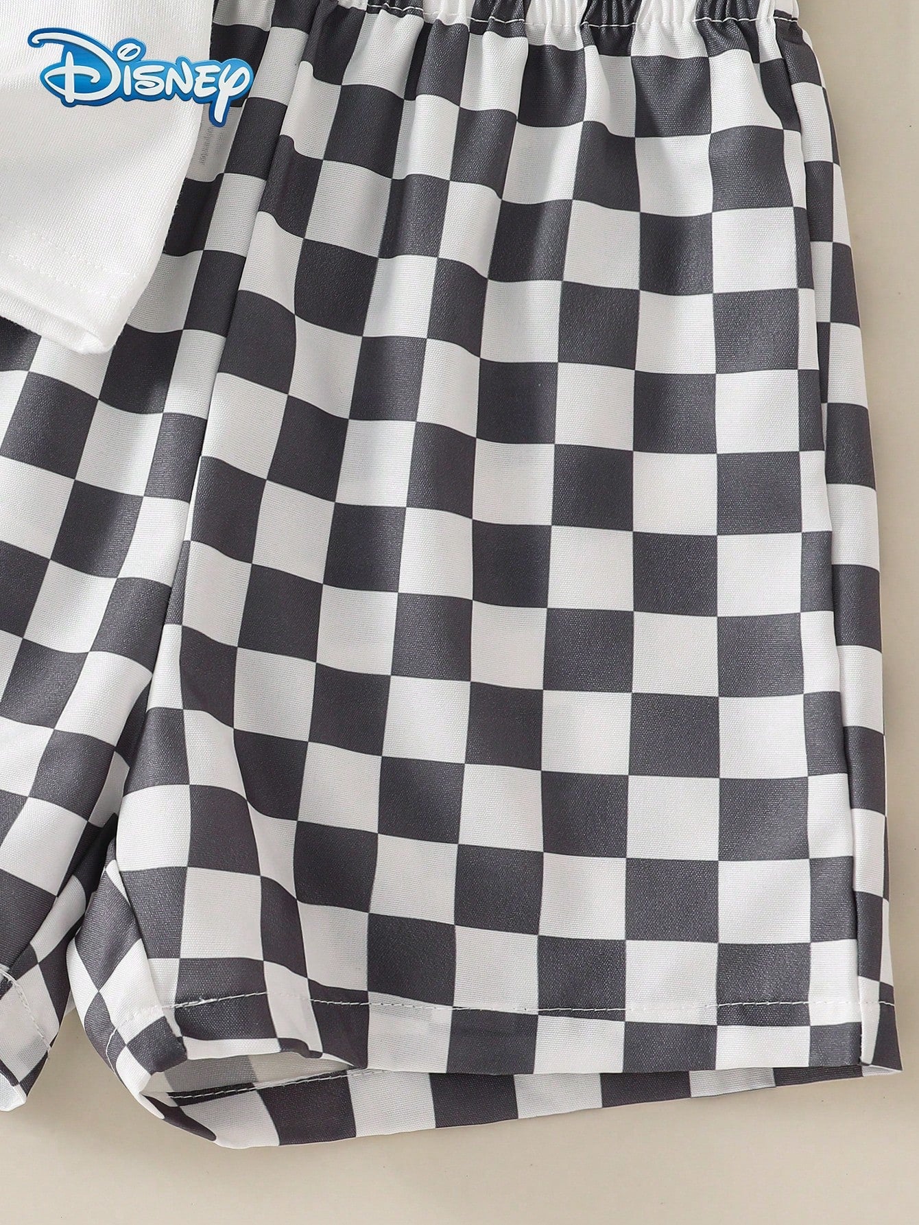 Disney Summer Baby Boy Mickey Classic Standing Pose 1928 Print Cute Short Sleeve White T-Shirt Grey And White Color Block Plaid All-Over Print Shorts Set Cartoon Pattern Slight Stretch Suitable For In