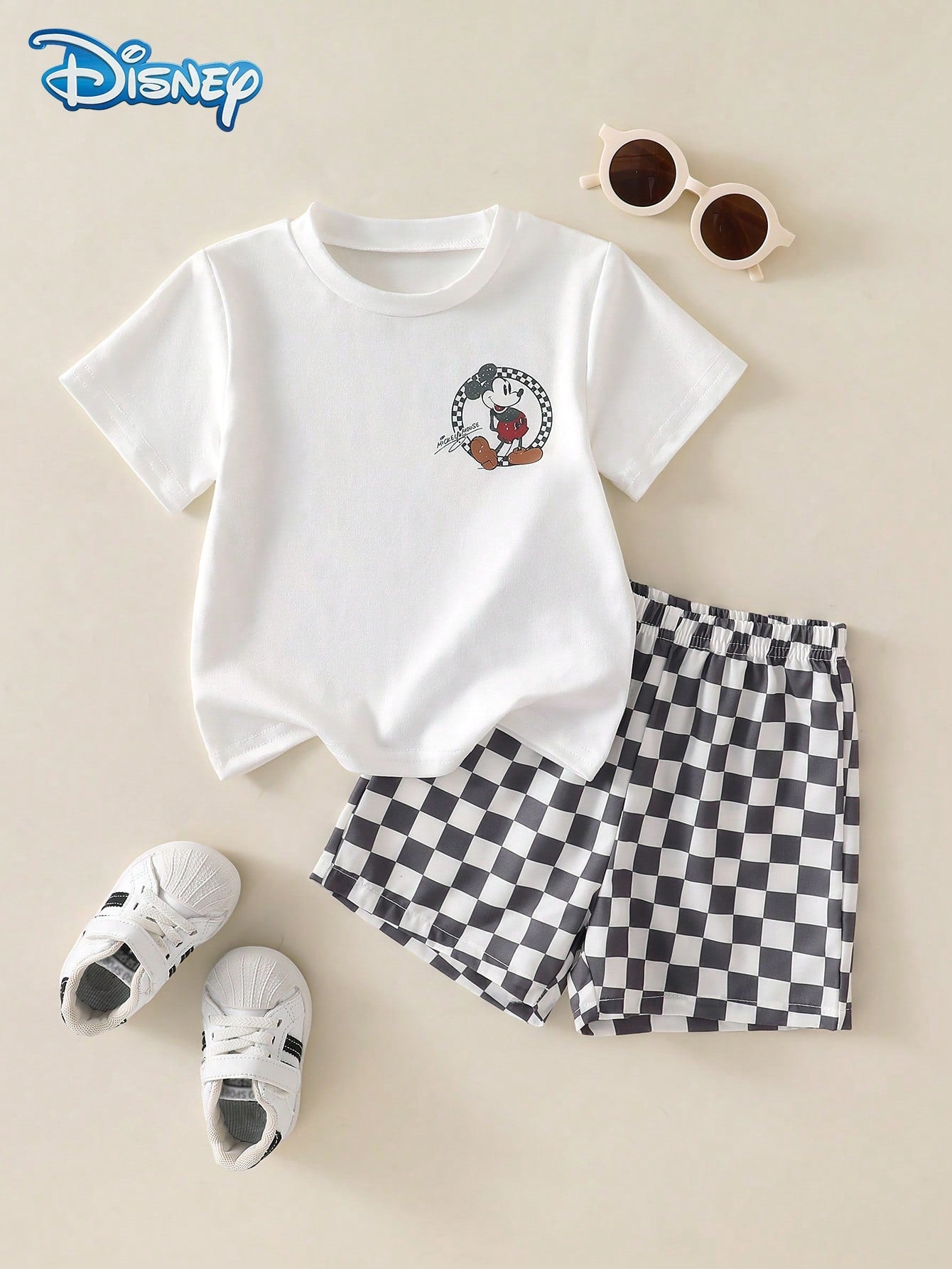 Disney Summer Baby Boy Mickey Classic Standing Pose 1928 Print Cute Short Sleeve White T-Shirt Grey And White Color Block Plaid All-Over Print Shorts Set Cartoon Pattern Slight Stretch Suitable For In