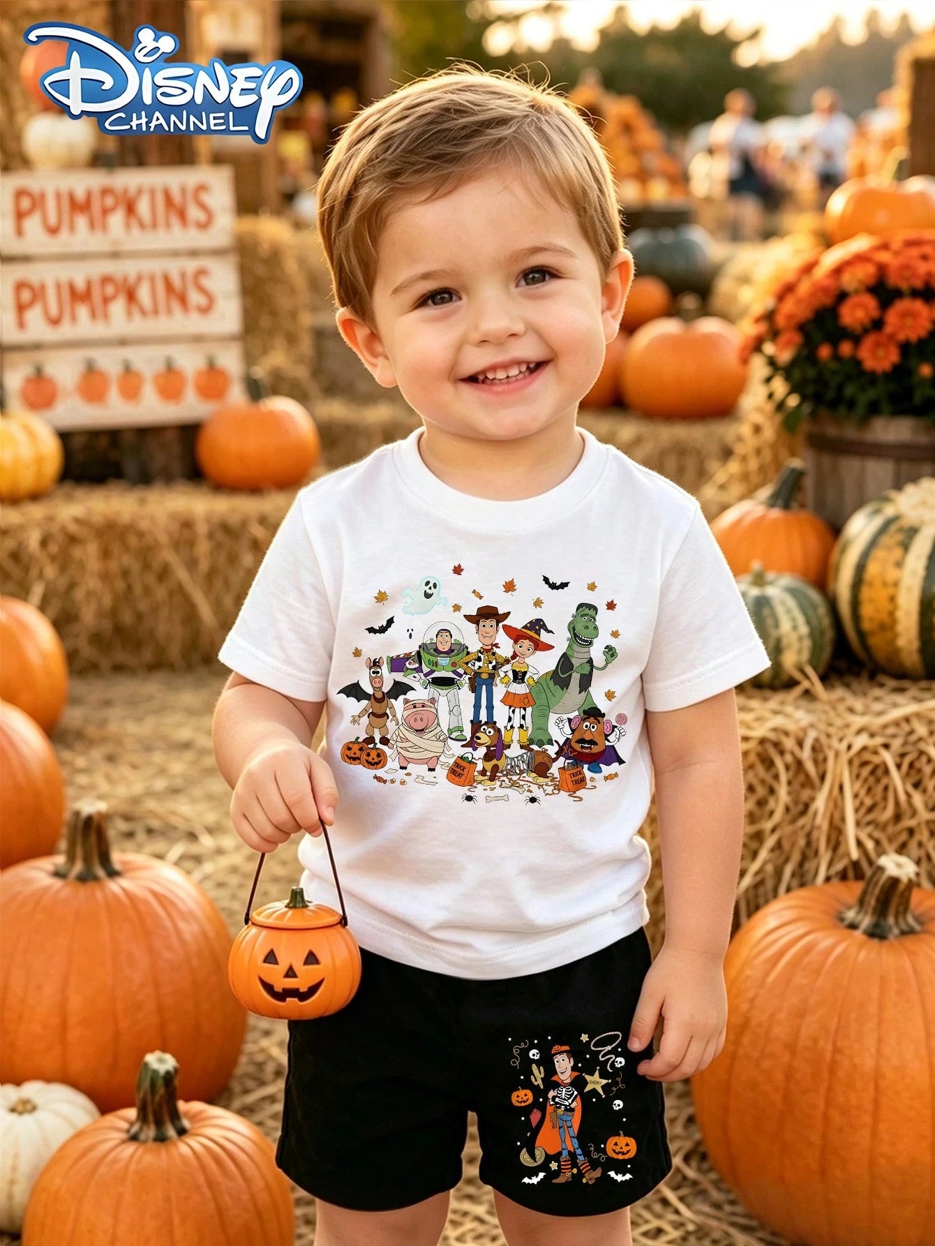 Disney Toddler Boys 2Pcs Summer Outfit, Halloween Toy Story Full Character Pumpkin Ghost Graphic Tee & Matching Woody Printed Holiday Play Shorts