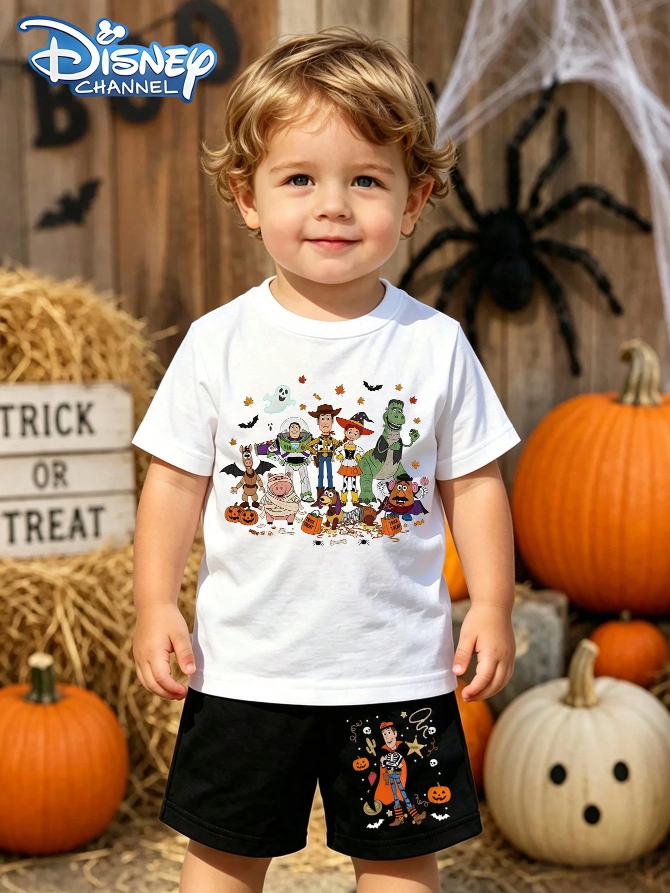 Disney Toddler Boys 2Pcs Summer Outfit, Halloween Toy Story Full Character Pumpkin Ghost Graphic Tee & Matching Woody Printed Holiday Play Shorts