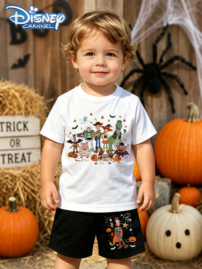 Disney Toddler Boys 2Pcs Summer Outfit, Halloween Toy Story Full Character Pumpkin Ghost Graphic Tee & Matching Woody Printed Holiday Play Shorts