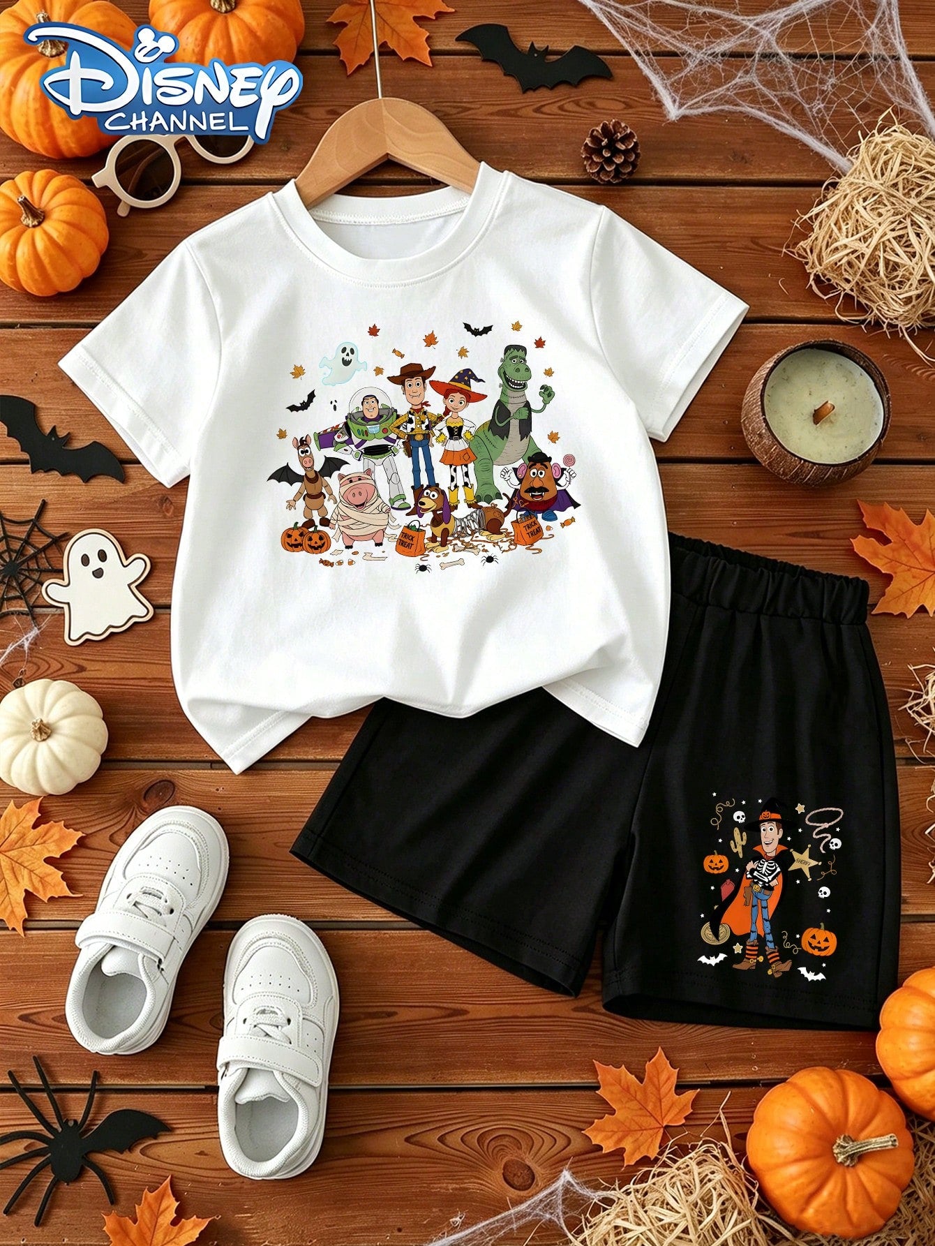 Disney Toddler Boys 2Pcs Summer Outfit, Halloween Toy Story Full Character Pumpkin Ghost Graphic Tee & Matching Woody Printed Holiday Play Shorts