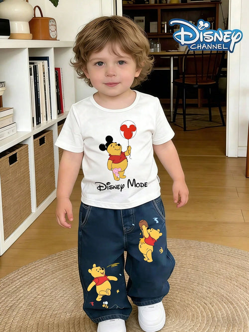 Disney Winnie The Pooh Patterned Baby Jean And T-Shirt Two-Piece Set An Ideal Choice For European And American Street Style And Carnival Party Outfits
