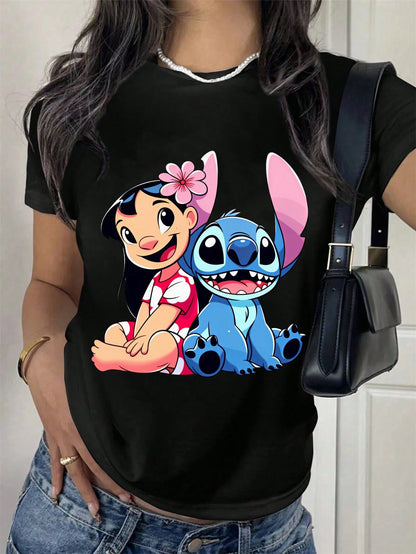 Disney Women T Shirt Black Lilo And Stitch Print Casual Daily Wear