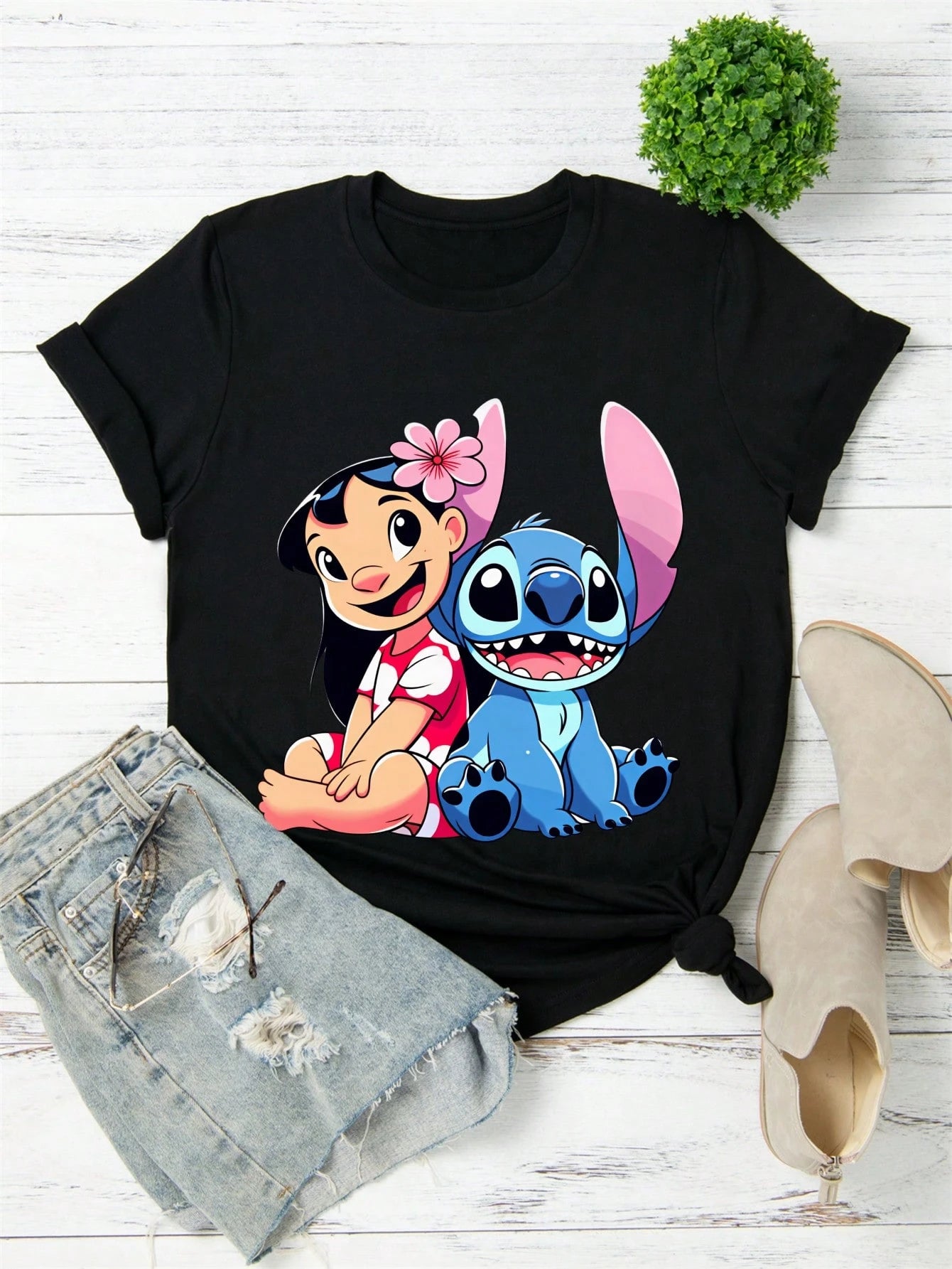 Disney Women T Shirt Black Lilo And Stitch Print Casual Daily Wear