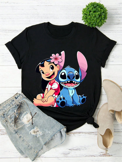 Disney Women T Shirt Black Lilo And Stitch Print Casual Daily Wear