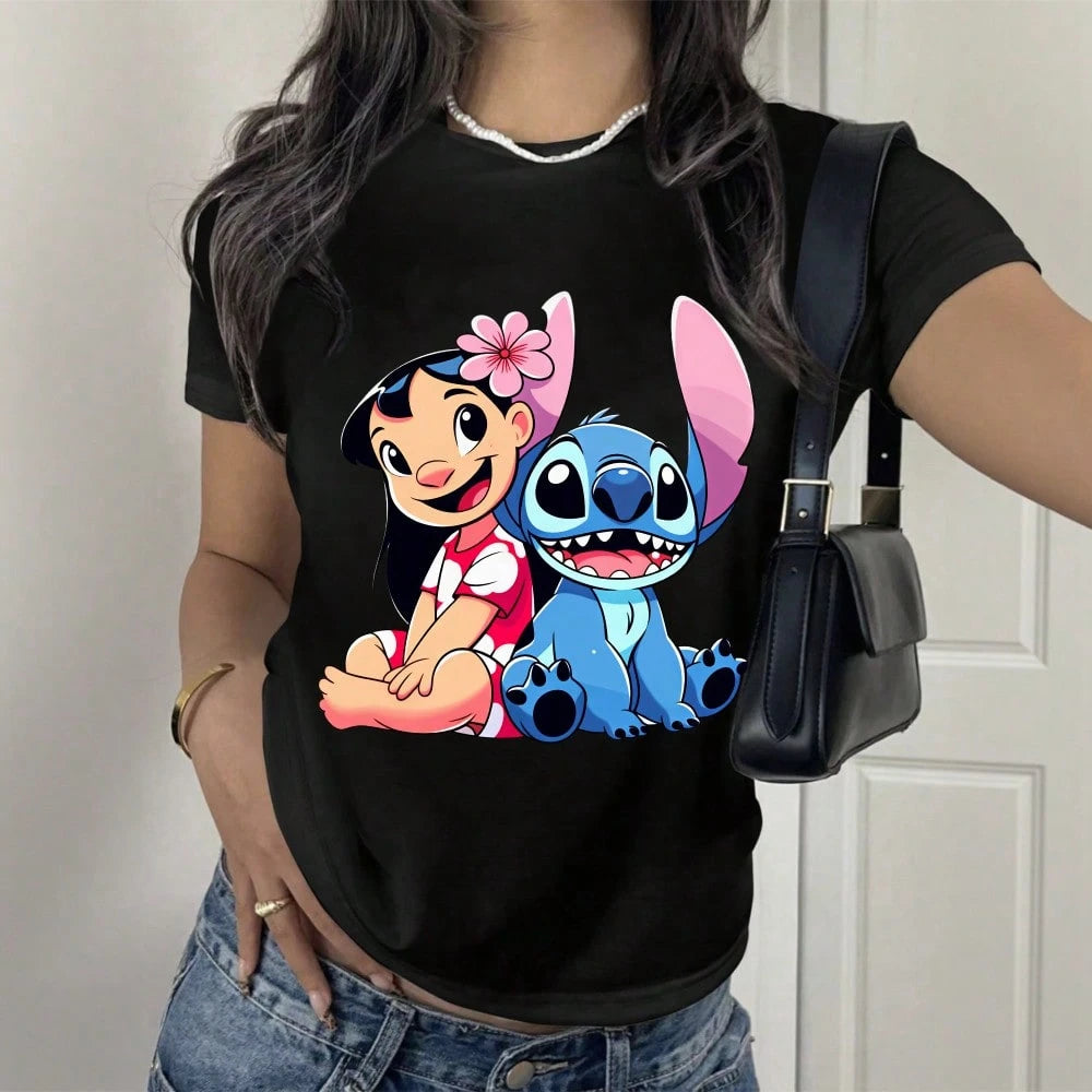 Disney Women T Shirt Black Lilo And Stitch Print Casual Daily Wear
