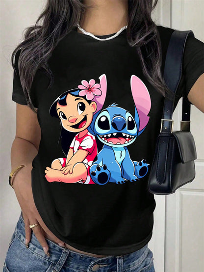 Disney Women T Shirt Black Lilo And Stitch Print Casual Daily Wear