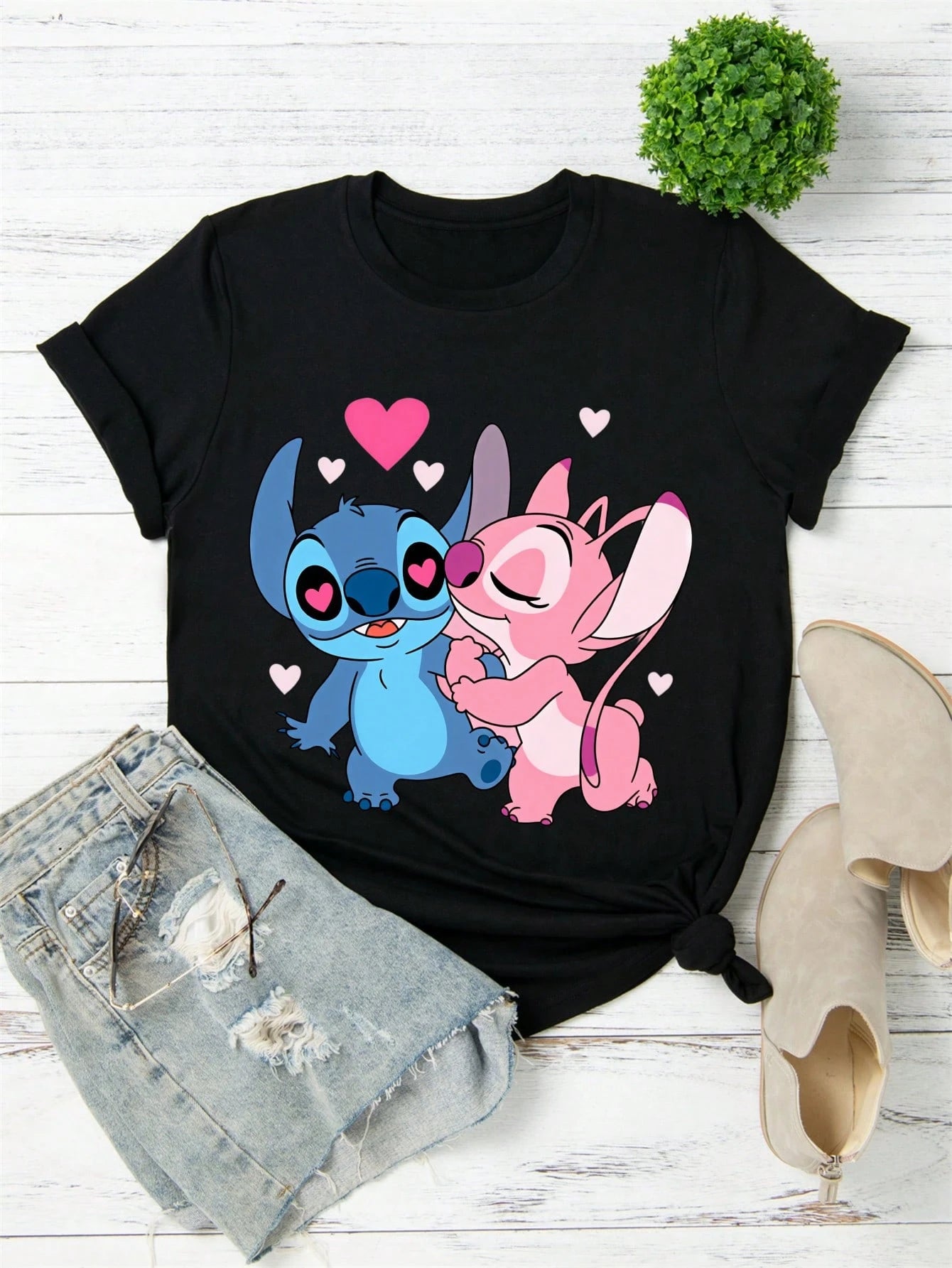 Disney Women T Shirt Black Stitch And Angel Love Heart Print Casual Summer Top