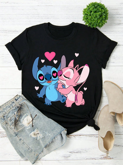 Disney Women T Shirt Black Stitch And Angel Love Heart Print Casual Summer Top