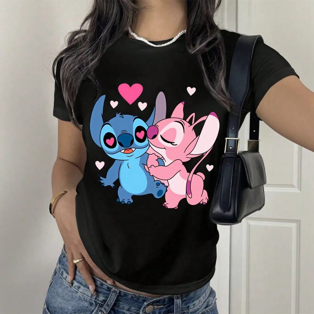Disney Women T Shirt Black Stitch And Angel Love Heart Print Casual Summer Top