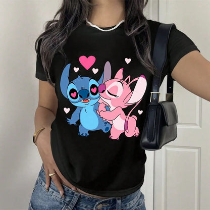 Disney Women T Shirt Black Stitch And Angel Love Heart Print Casual Summer Top
