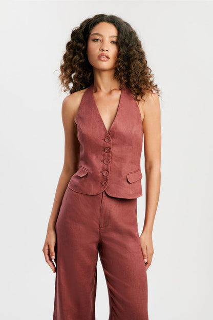 Domenica Linen Vest - Chestnut