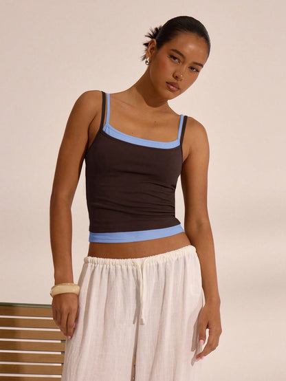 Double Layer Strappy Square Neck Cami Top Spring Summer Holiday Vacation Airport Boho Ibiza Elegant Cute Y2K Festival Casual