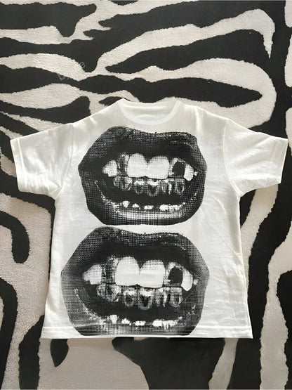 Double Lips Graphic Printed Cotton T-Shirt Edgy Tee,Casual Soft Short-Sleeved 100% Cotton 220g T-Shirt