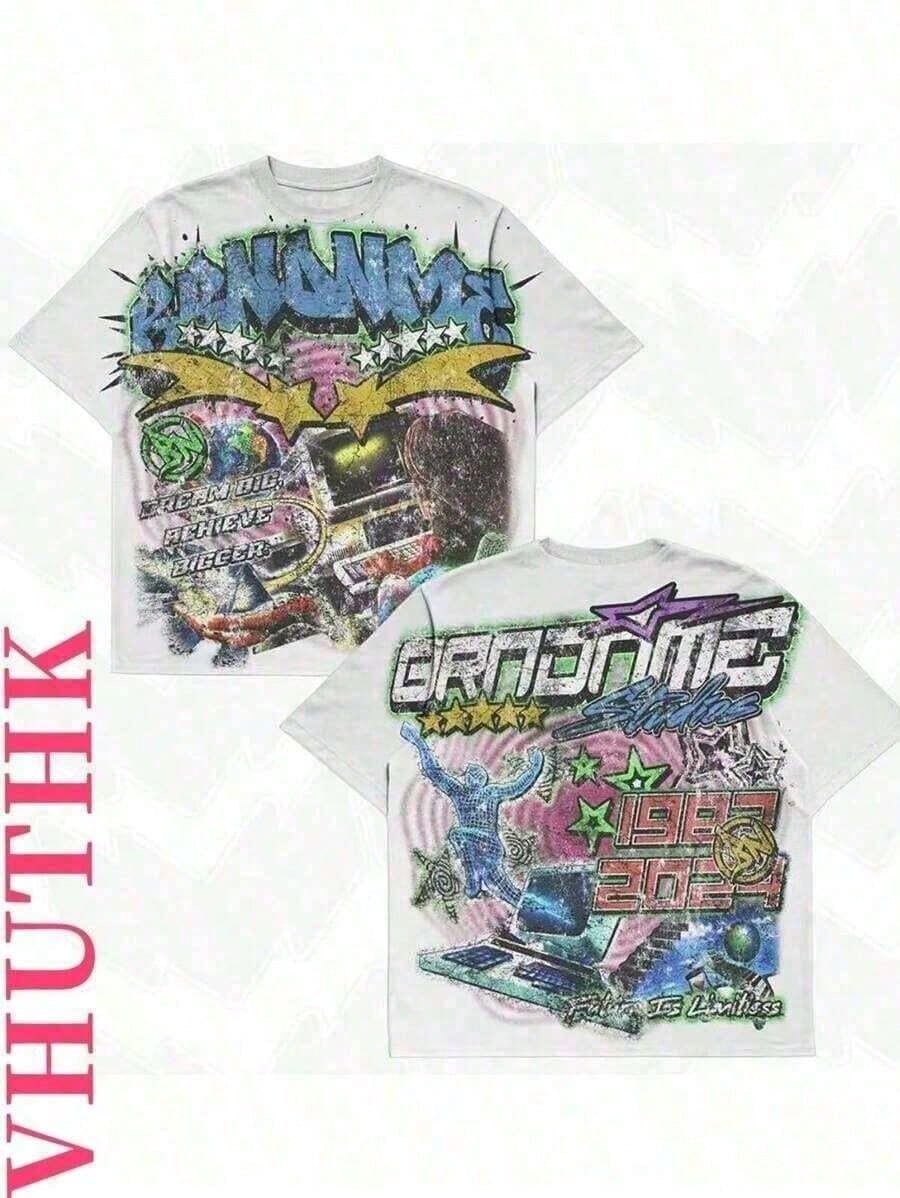 Double Sided Printing (220 Pure Cotton T-Shirt) 'GRNONME' Letters And Sci-Fi Patterns Double Sided Printing Men's Summer Round Neck Short Sleeved Ca