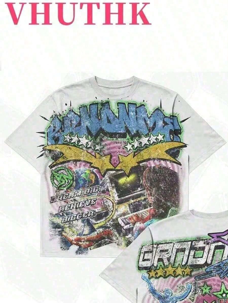 Double Sided Printing (220 Pure Cotton T-Shirt) 'GRNONME' Letters And Sci-Fi Patterns Double Sided Printing Men's Summer Round Neck Short Sleeved Ca