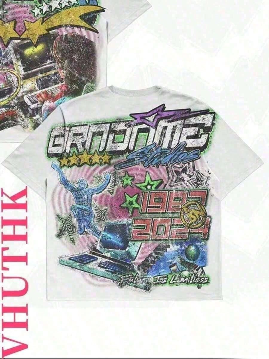 Double Sided Printing (220 Pure Cotton T-Shirt) 'GRNONME' Letters And Sci-Fi Patterns Double Sided Printing Men's Summer Round Neck Short Sleeved Ca