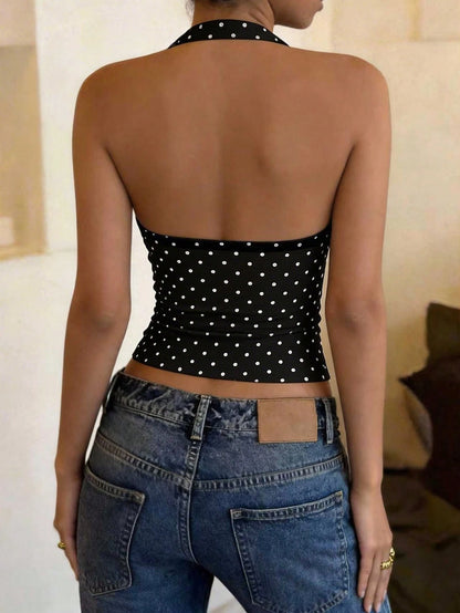 DrmWander Plus Size Women Black White Polka Dot Print Halter Neck Square Neck Fitted Stretch Cropped Tank Top Summer Lightweight Daily Going Out Casual Cami Top