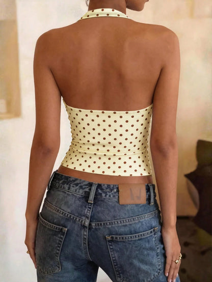 DrmWander Plus Size Women Black White Polka Dot Print Halter Neck Square Neck Fitted Stretch Cropped Tank Top Summer Lightweight Daily Going Out Casual Cami Top
